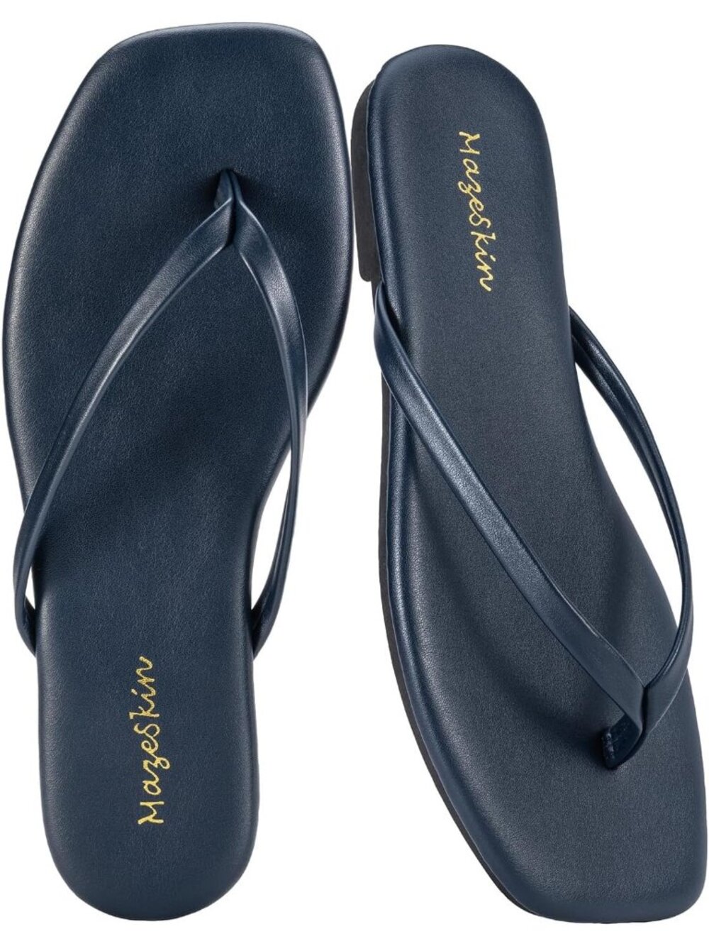 Women's Navy Blue Cushioned Square Toe Flat Memory Foam Thong Flip Flops Sandal
